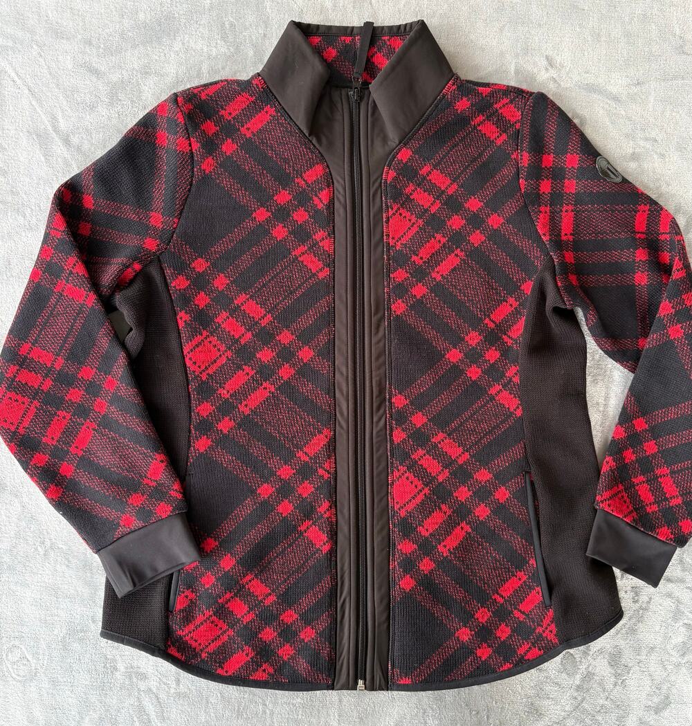 T by Talbots Jacket Sweatshirt Fleece Zip Front Red Plaid Sweater Knit Womens M
